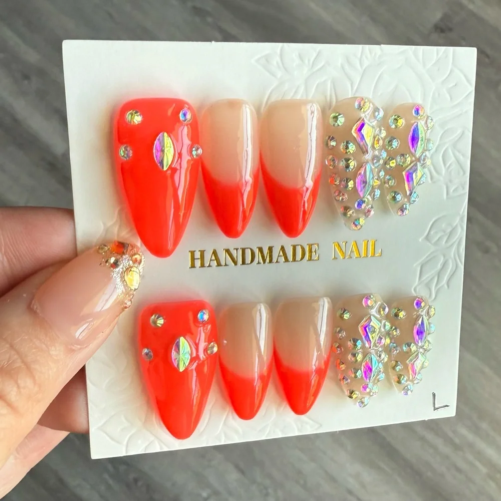 Handmade Neon Coral Ombre Press-On Nails with Iridescent Gems - Picture 3 of 3